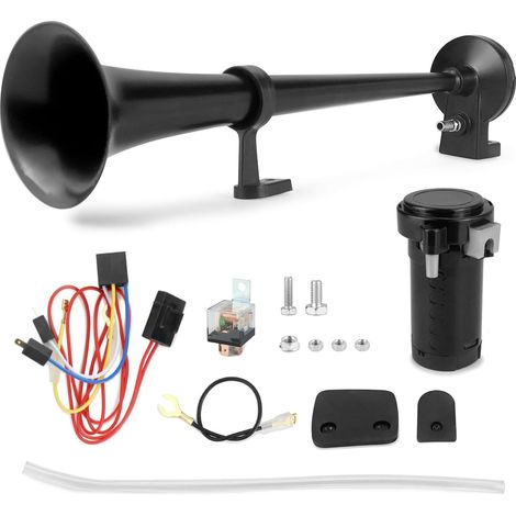 Klaxon Camion Haut-Parleur 12V 125db 45cm avec Compresseur, Klaxon à Air Trompette Simple pour Tous les Véhicules 12V Camions Lorrys Trains Bateaux Voitures (Noir) (1/5)