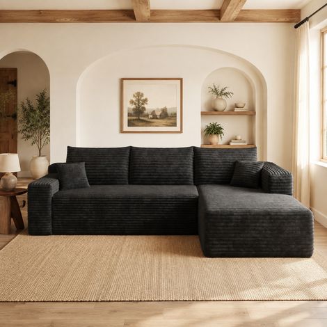 Divano angolare 241x151x84 cm in tessuto nero, senza montaggio, salvaspazio – MEUBLIV (1/5)