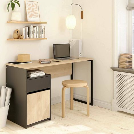 Dmora - Escritorio Mele, Escritorio multiusos, Mesa de oficina para PC, El plan de trabajo, 130x48 h77 cm, Roble y Negro (1/5)
