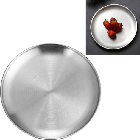 Plat à pizza rond en acier inoxydable, diamètre 30 cm, assiettes plates rondes en métal brossé pour gâteaux, desserts, fruits et cuisine occidentale
