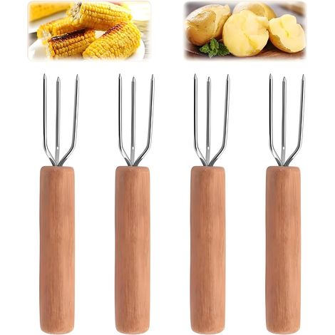 Lot de 4 fourchettes à praline, fourchettes à pommes de terre en acier inoxydable, manche en bois de hêtre, couverts à salade en acier inoxydable, couverts à pommes de terre (1/5)