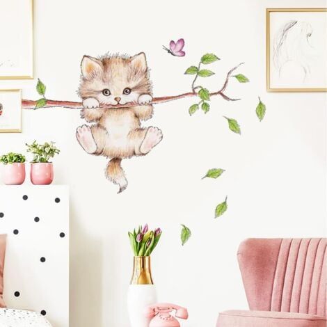 Stickers Muraux Enfants CHAT MIGNON (70x50 cm) I autocollants animaux forêt Arbre branche fleurs I sticker mural pour chambre d'enfant bébé garçon fille (1/5)