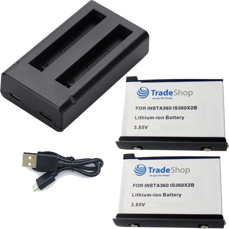 Trade-Shop 3in1 Set: 2x Akku + USB Doppel Dual LED Schnell-Ladegerät für 2 Akkus für IS360X2B, Insta360 ONE X2 / Actionkamera 360-Grad-Kamera Digicam