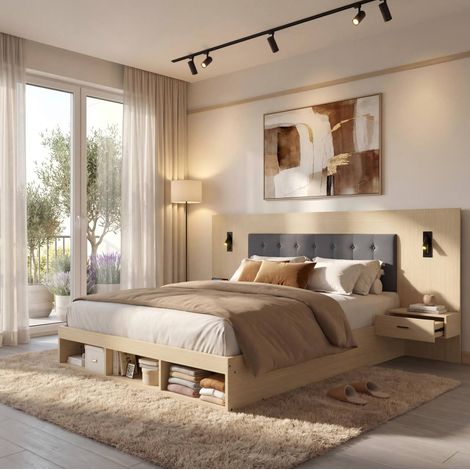 Letto contenitore per adulti 160x200 cm in MDF rovere chiaro con contenitore FloraGrace (1/5)