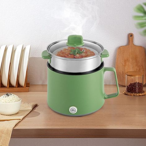 Casserole électrique multifonction de 1,7 l avec 300 W, 600 W, double puissance, anti-adhésif, pour steak, pâtes, œuf, avoine, cuiseur vapeur (vert)