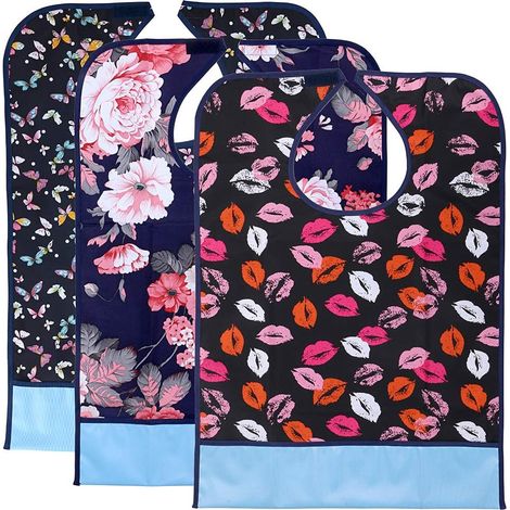 BTSKY Reusable Waterproof Bibs for Adults, 3 Pack Washable Adult Bibs with Pocket for Elderly and Disabled, Crumb Catcher Clothing Protectors (Flower + Lip + Butterfly) (1/5)