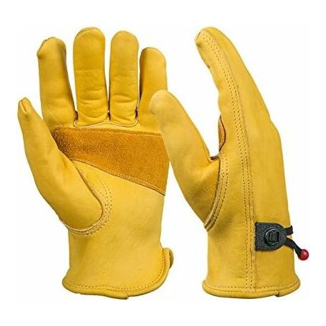 Pair of Leather Work Gloves for Men - with Ball Wrist Clamp and Tape - Cowhide Fiber, Yellow, XL-A (1/5)