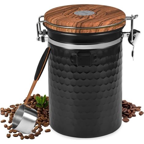 Contenitore ermetico per caffè da 1,8 litri in acciaio inox nero, adatto sia per chicchi che per caffè macinato, con valvola CO2 e coperchio sottovuoto - Crezuo