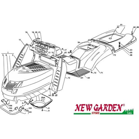 Esploso carrozzeria 102cm PTC220hd trattorino rasaerba CASTELGARDEN ricambi 61 copertura centrale rosso
