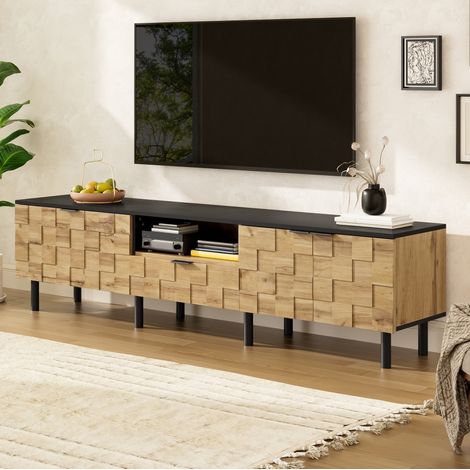 TV-Schrank 170x35x44.5 cm Natur-Schwarz aus Spanplatte mit Mosaiktüren, Schublade und offenem Fach (1/5)