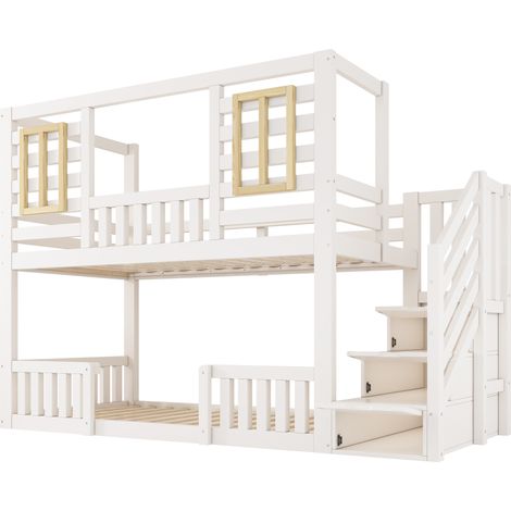 Litera infantil 90 x 200 cm blanca estilo casita con escalera de almacenaje (1/5)