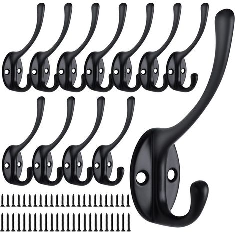 12 Pièces Patère Murale, Rétro Crochet Porte Manteau Métal, Vintage Noir Crochets Mural Muraux Double Manteaux Hooks avec Vis