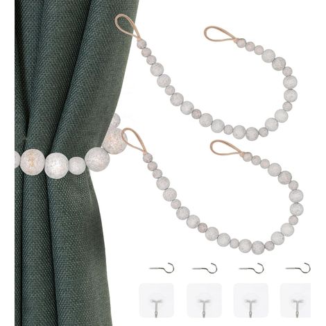 Lot de 2 embrasses de rideaux, perles en bois blanchi à la chaux, corde en cuir, crochets inclus, pour salon chambre