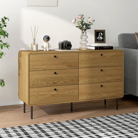 Cassettiera a 6 cassetti, mobile contenitore in stile moderno con angoli arrotondati e gambe in acciaio, 120 x 40 x 75 cm, effetto legno di rovere. (1/5)
