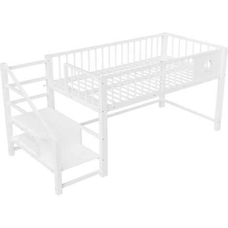 Letto a soppalco per bambini 90 x 200 cm con scala contenitore, metallo e MDF, bianco (1/5)