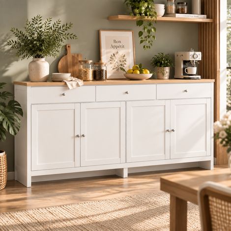 Armoires Cuisine, Buffet 160x37x75 cm, meuble de cuisine bas, 3 tiroirs 4 portes, étagères réglables,plan de travail inclus - Blanc (1/5)