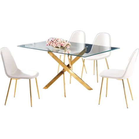 Homy France – Table de salle à manger rectangulaire 150x90cm – Verre trempé marbré noir – Structure inox gold – Pour 4 à 6 personnes – Hauteur 75cm