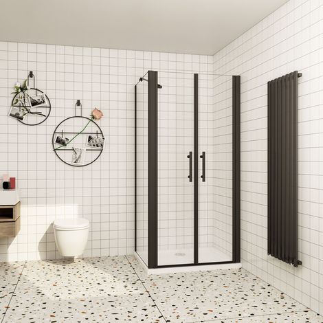 AICA 90x195cm schwarze Dsuchabtrennung Duschwände Dopple Pendeltür mit Seitenwand,6mm Nano NANO ESG Glas,450mm Stützstab mit 90x90m Kunststein Quadrat Duschwanne (1/5)
