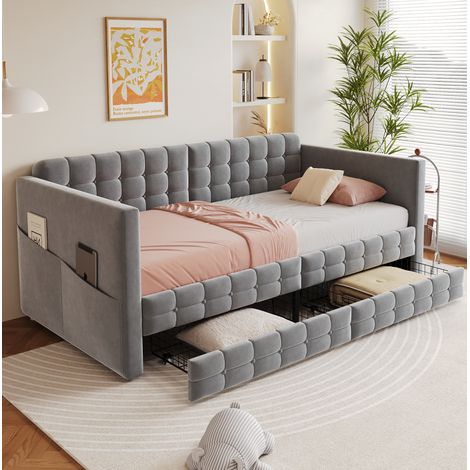 Cama tapizada 90x190 cm gris, terciopelo, con 2 cajones y bolsillos laterales (1/5)