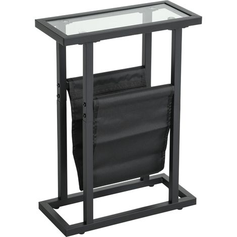Schmaler Beistelltisch mit Glasplatte und Stofftasche, schwarzes Metall 40x18x55,5 cm (1/5)