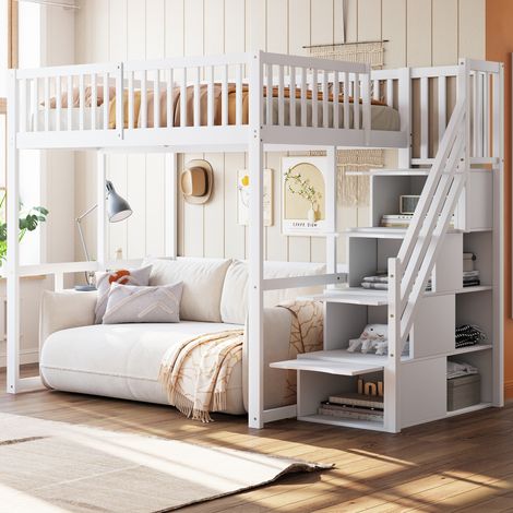 Cama alta 140 x 200 cm con escalera de almacenaje y barrera de seguridad, blanco OKMYHOME (1/5)