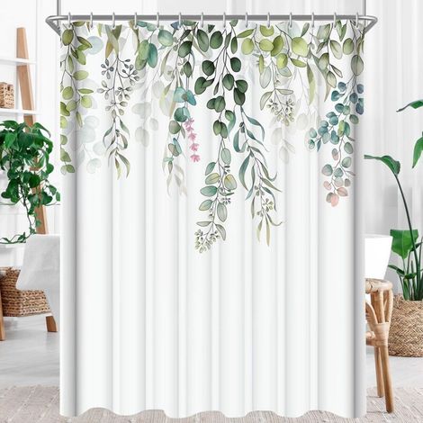 Rideau de douche 180 x 180 cm, motif feuilles vertes, tissu anti-moisissure,imperméable, lavable, en tissu polyester, avec œillets et 12 anneaux de rideau de douche, pour salle (1/4)