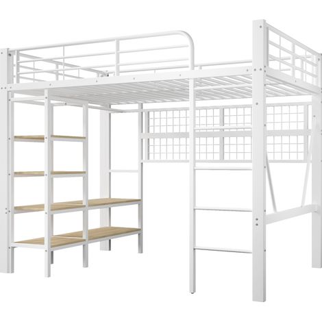 Lit mezzanine, 140 x 200 cm, cadre en fer, tablette de rangement, filet pour suspendre des objets, avec barre de penderie, espace ouvert sous le lit, avec bande lumineuse LED, sans matelas, blanc