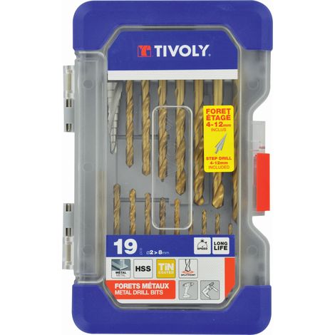 Tivoly • Ranger caja 19 piezas - 18 brocas para metal laminado recubierto de TiN Ø 2 a 8mm + 1 broca escalonada (1/2)