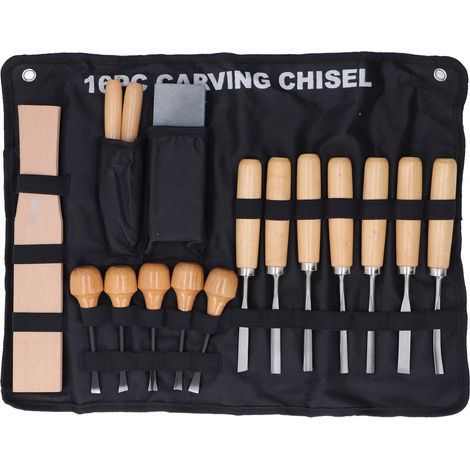 Set aus 16 Holzschnitzwerkzeugen aus Stahl, professionelles Holzmeißel-Set, manuelles Graviermesser, Klingensatz für Holzbearbeitung und Gravur. (1/5)