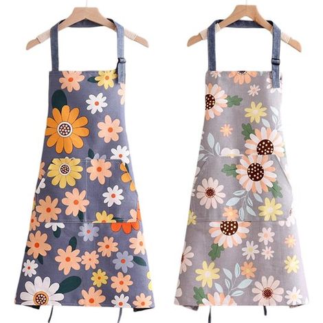 Grembiule da donna impermeabile con tasche. Grembiule da cucina regolabile per cucinare, grigliare, fare giardinaggio e preparare dolci. Fantasia girasoli, blu + girasoli. (1/5)