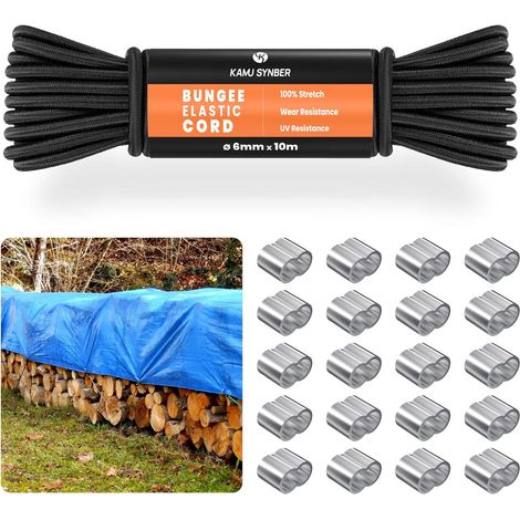 Tendeur Élastique Corde Elastique 6mm x 10m Sandow Elastique 20 x Manchons pour Bâche, Remorque, Bateau, Camping Noir (1/5)