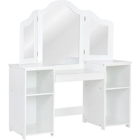 Coiffeuse enfant blanche avec miroir triptyque, 4 rangements et plateau convertible en bureau pour chambre et jeux (1/5)