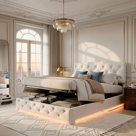 Lit coffre 140 x 190 cm avec LED, Lit 2 personnes avec sommier 140x190, tête de lit réglable, cadre de lit 140x190, Beige, Lin (1/5)