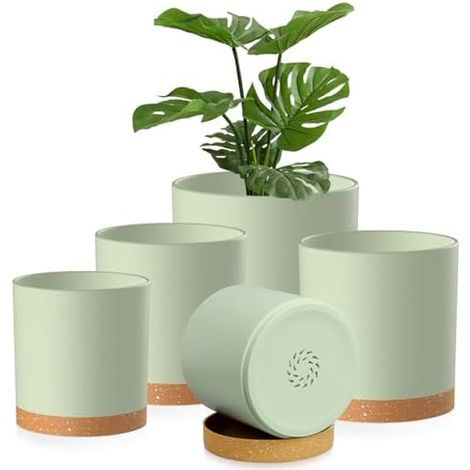 5 Packs Blumentopf mit Untersetzer, 17.8/15.2/14/12.7/10.2cm Pflanzentopf, Plastik Übertopf, Hydrokultur Topf, Blumentöpfe Set Ideal für Innen und Balkongärten, Grün mit braunes Tablett