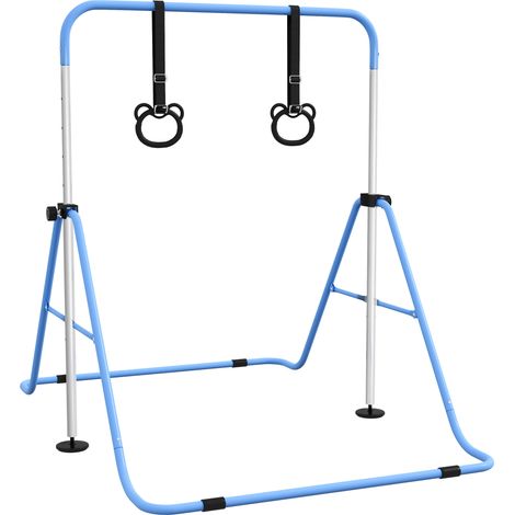 Sbarra de gymnastique artistique pour enfants à hauteur réglable avec 2 anneaux, en acier, 148x105x88-128 cm, bleu (1/5)