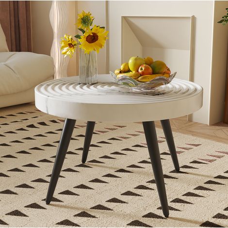 Runder weißer Couchtisch Ø 60 cm, 5 cm Marmoroptik, höhenverstellbare schwarze Metallbeine, OKWISH (1/5)