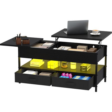 Table basse élévatrice 106 × 50 × 51,5 cm – Table relevable en bois avec 2 tiroirs, rangement intérieur et LED 16 couleurs (1/5)