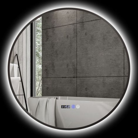 Miroir de salle de bain rond avec éclairage LED, intensité variable, fonction anti-buée, interrupteur tactile, noir (1/5)