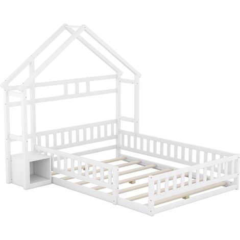 GagaLit enfant 140 x 200 cm, lit plat, lit maison avec barrière, lit enfant avec table de chevet, blanc (1/5)