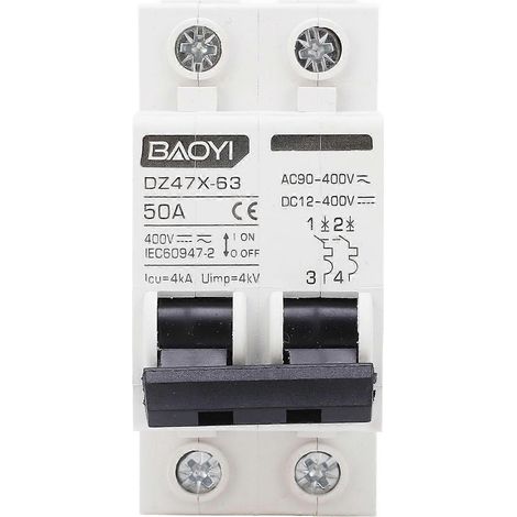 AC/DC-Leistungsschalter 50 A 4 kA 2-polig, elektromagnetische Auslösung, 35 mm DIN-Einbau, Solar-PV-Sicherheitsschaltung