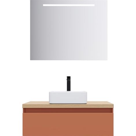 Meuble de salle de bain suspendu vasque à poser 90cm 1 tiroir Terracotta + miroir - Hudson (1/5)