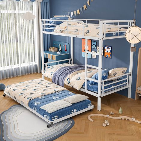 Lit superposé en fer blanc pour enfants et ados, avec lit tirant, barrières latérales sur 4 côtés du couchage supérieur, dimensions 90x200cm et 90x190cm. (1/5)