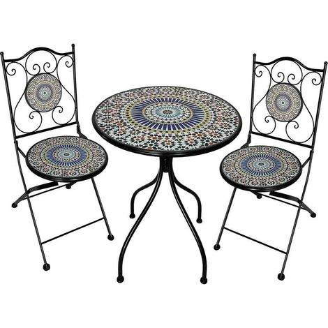 Conjunto mesa y dos sillas de mosaico y forja negras (1/5)