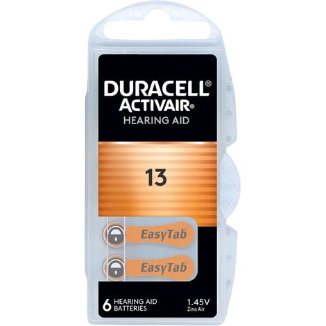 Pile bouton DURACELL Activair, type 13, Zinc Air, 1,45V, 6 pièces