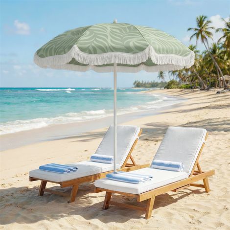 Parasol plage franges Ø180cm hauteur réglable ancre inclinable sable sac transport UPF30+, vert