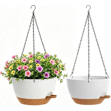 20cm Pot de Fleur Suspendu Auto arrosants, Lot de 2, Blanc Marron Jardinières Suspendues pour Intérieur Extérieur avec Drainage et Réservoir Amovible, Suspension Plante pour Balcon, Salon (1/5)