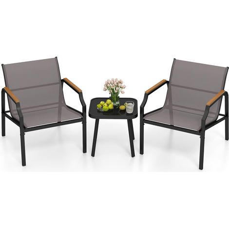 COSTWAY Set da Giardino a 3 Pezzi, Set Mobile da Esterno con Talaio in Metallo, Poltrona e Tavolino Quadrato, Set da Bistro con 2 Poltrone, per Giardino Cortile Piscina