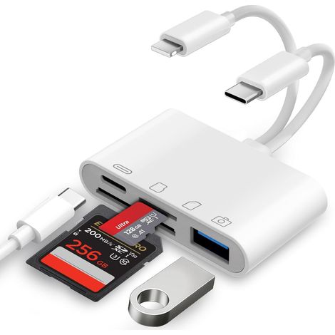 Lecteur Cartes SD pour iPhone, 4en1 Lecteur de Carte Mémoire USBC Lightning vers SD/Micro SD/USB/Charging, Adaptateur Cartes SD USB C pour 16/15/iPad/Caméra (1/5)