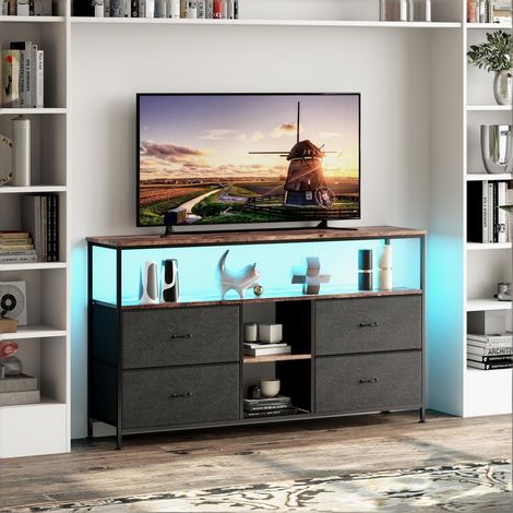 Mobile TV alto con LED, 4 cassetti in tessuto e mensole aperte, 108×30×77 cm, struttura in acciaio, marrone scuro (1/5)