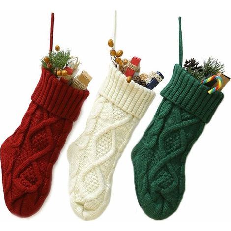 Lot de 3 chaussettes de Noël Décoration de Noël Pendentif Sac cadeau de Noël Sapin de Noël, cheminée, vitrine, sac de bonbons (rouge + vert + blanc) (1/5)